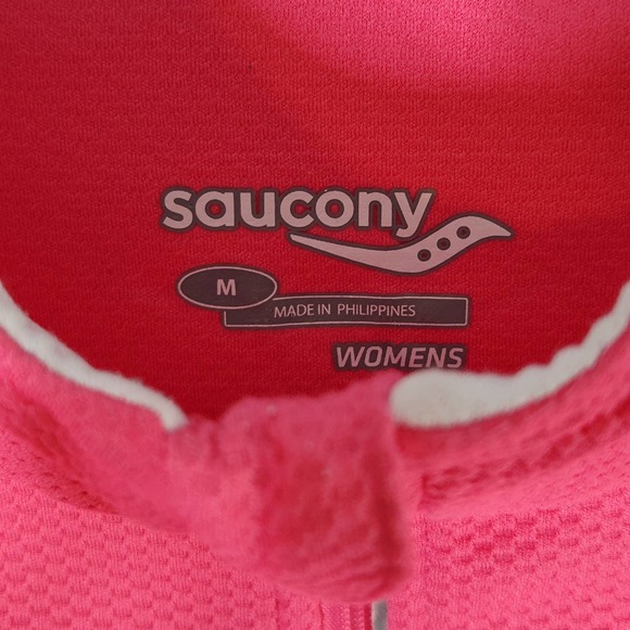 Saucony Womens Pink White 1/4 Zip Waffle Knit Pullover Top M Mock Neck Running - Picture 4 of 5